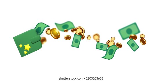 Money. 3D cash, flying coins, wallet and dollar bills isolated on white. Banking concept