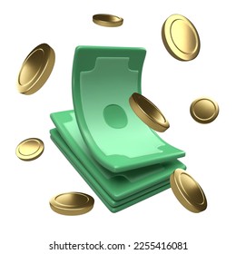 Money. 3d render of realistic vector icon of paper dollars and coins