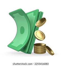 Money. 3d render of realistic vector icon of  green paper dollars and coins