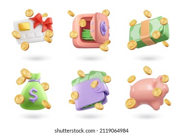 Money 3d render vector icon set  Credit card  safe  paper money  bag  wallet  piggy bank   coins