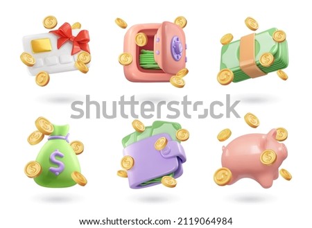 Money 3d render vector icon set. Credit card, safe, paper money, bag, wallet, piggy bank and coins