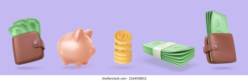 Juego de iconos vectoriales de dinero 3d. Dinero en papel, billetera, cajón de cerdo y monedas. Ilustración del vector