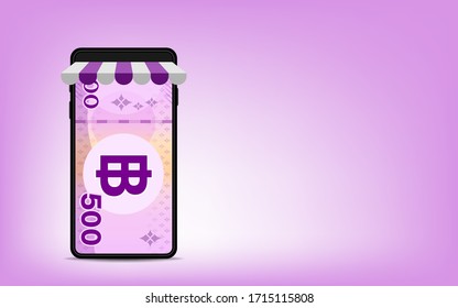 money 500 baht banknote thai in smartphone screen, bank note money thailand THB on smart phone screen, mobile phone for currency wallet, paper money in smartphone, online shopping concept, copy space
