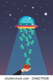 Money abducted by UFO. Business concept. Flat style vector illustration