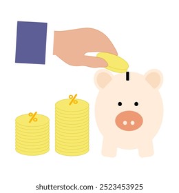 money accumulation concept. a hand putting coins into a piggy bank. style for finance and business.