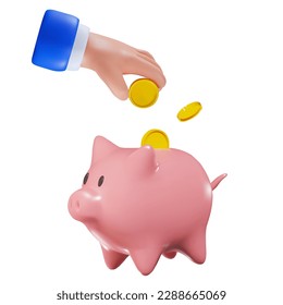 money accumulation icon concept. Render of a human hand putting coins into a piggy bank. Vector illustration in 3d style for finance and business, media, print and banners