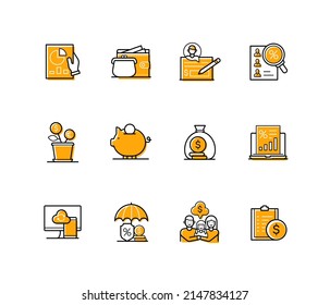 Money accumulation - modern line design style icons set with editable stroke. Investment, profit, piggy bank, dollar coins, cash, family budget, bet percentage, lottery ticket, stock market idea