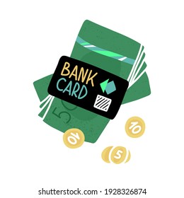 Money accumulation in the various form like a stack of cash, a bank credit card and coins. Vector cartoon style hand-drawn business illustration.