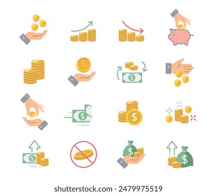 Money activities icon collection illustrate with colorful style, including coin, dollar bill and saving