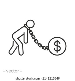 Money Addiction Icon, Person With Finance Debt, Sad And Tired Man, Credit Duty Slave, Thin Line Symbol On White Background - Editable Stroke Vector Illustration