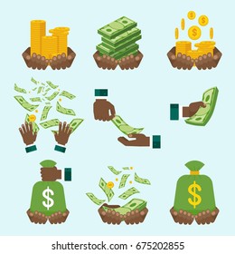 Money in african american black hand. Various kind of money. Packing in bundles of bank notes, bills, gold coins. Flat vector cartoon illustration. Objects isolated on a white background.