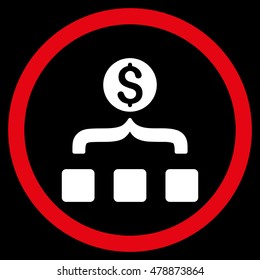 Money Aggregator vector bicolor rounded icon. Image style is a flat icon symbol inside a circle, red and white colors, black background.