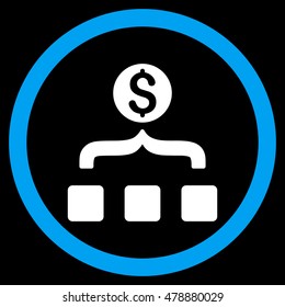 Money Aggregator vector bicolor rounded icon. Image style is a flat icon symbol inside a circle, blue and white colors, black background.