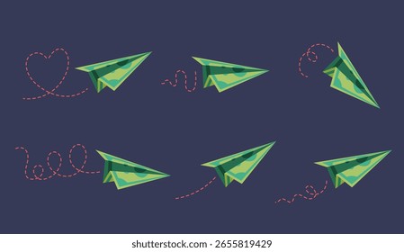 El papel del aeroplano del dinero fijó el concepto aislado plano del estilo simple. Ilustración de Diseño gráfico plano de Vector