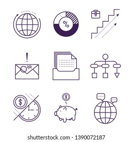 Money and analytics symbols object vector outline icons.