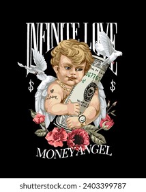 money angel slogan with cherub angel holding money and res roses vector illustration on black background