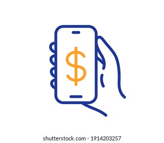 Money app line icon. Hand hold phone sign. Cellphone with screen notification symbol. Quality design element. Line style money app icon. Editable stroke. Vector