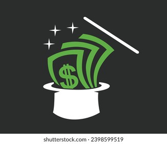 Money appears from magician’s hat logo vector icon illustration