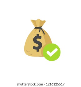 Money with approved checkmark notice vector icon, flat money bag with tick, concept or confirmed transaction or cash transfer, accepted credit or loan, earning received, send or lend money isolated