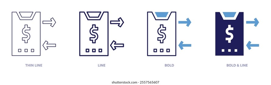 Money apps icon in 4 different styles. Thin Line, Line, Bold, and Bold Line. Duotone style. Editable stroke.