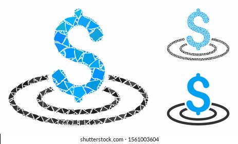 Money area mosaic of abrupt elements in various sizes and color tints, based on money area icon. Vector humpy elements are grouped into collage. Money area icons collage with dotted pattern.