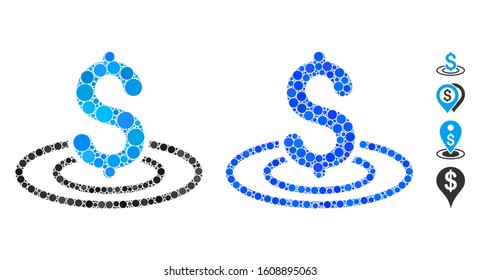 Money area mosaic of circle elements in variable sizes and color tints, based on money area icon. Vector round elements are united into blue mosaic. Dotted money area icon in usual and blue versions.