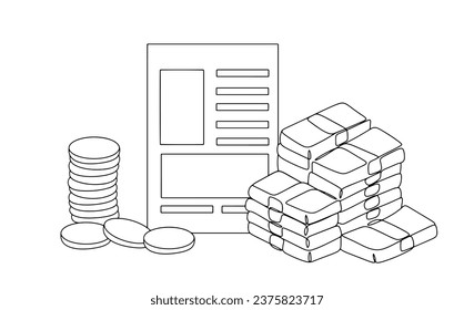 Money around the document. Accountant's financial statements. International Accounting Day. One line drawing for different uses. Vector illustration.
