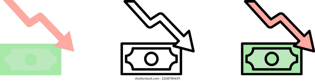 icono vectorial de gráfico de flecha de dinero en estilos diferentes. Línea, color, contorno relleno
