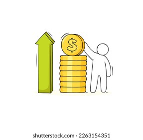 Money with up arrow. Doodle gold coins stacks with dollar sign and cute little man. Concept of cost graph, stocks price and rate changes, profit money, vector sketch illustration
