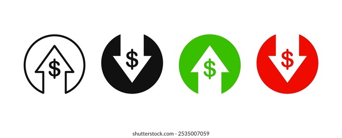 Conjunto de iconos de flecha de dinero hacia arriba y hacia abajo. Símbolo de cambio de Precio. Flecha de aumento y disminución con signo de dólar. Tipo de cambio de efectivo. Gráfico de acciones. Ilustración vectorial de ingresos y pérdidas. Conjunto de flecha de dinero rojo y verde