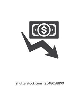 Money and arrow down vector icon. filled flat sign for mobile concept and web design. Expense Reduction glyph icon. Financial crisis symbol, logo illustration. Vector graphics