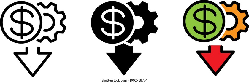 money, arrow and gear symbolising cost reduction icon