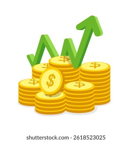 Lote de dinheiro e seta para cima Graph Stock, Conceitos de crescimento financeiro, incluindo árvore, símbolo de dólar, pilhas de moedas. Perfeito para negócios, economia, investimento, fundo, design de ilustração de vetor plano econômico.