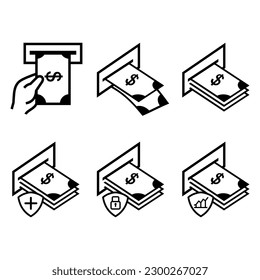 Money from ATM collection icon, with shield logo vector design symbol illustration.