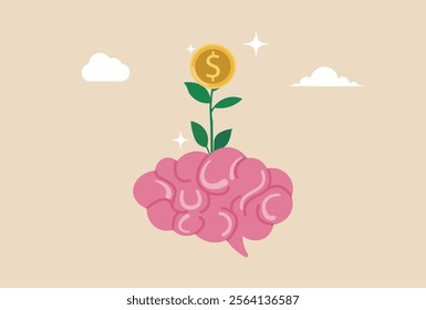 Money attitude, investing mindset, financial knowledge, wealth inspiration, investment brain, wisdom for profit, rich growth concept, brain with seedling growing into a money dollar coin