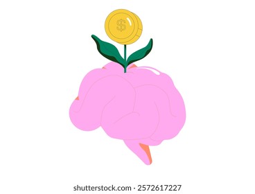 Money attitude, investing mindset or financial knowledge, wealth inspiration, investment brain, wisdom or inspiration, rich or profit growth concept, brain with grow seedling with money dollar coin.