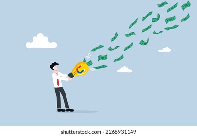 Money attraction with creative idea, building business opportunity for growing wealth, marketing strategy concept, Businessman using light bulb with magnet inside to attract to retrieve banknotes.