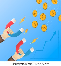 Money attraction flat isometric low poly vector concept. Businessman is holding big magnets which let him to attract coins. Investment, profit, income