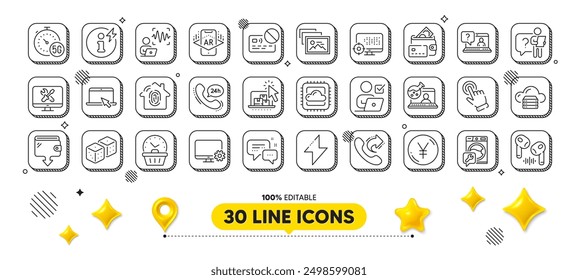 Money, Augmented reality and Card line icons pack. 3d design elements. Voice wave, Seo, Wallet web icon. Washing machine, Online chemistry, Repair pictogram. Faq, Last minute, 24h service. Vector