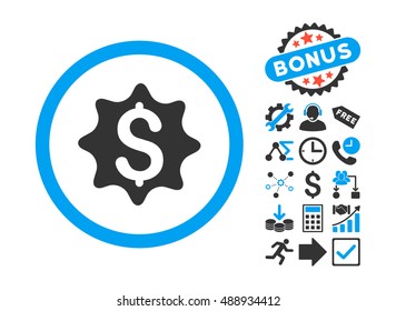 Money Award icon with bonus design elements. Vector illustration style is flat iconic bicolor symbols, blue and gray colors, white background.