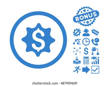 Money Award icon with bonus elements. Vector illustration style is flat iconic symbols, cobalt color, white background.