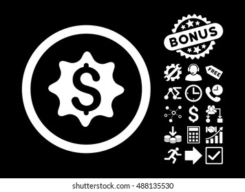 Money Award icon with bonus elements. Vector illustration style is flat iconic symbols, white color, black background.