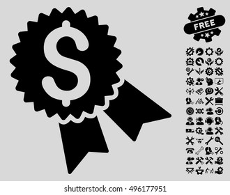 Money Award icon with bonus tools images. Vector illustration style is flat iconic symbols, black color, light gray background.