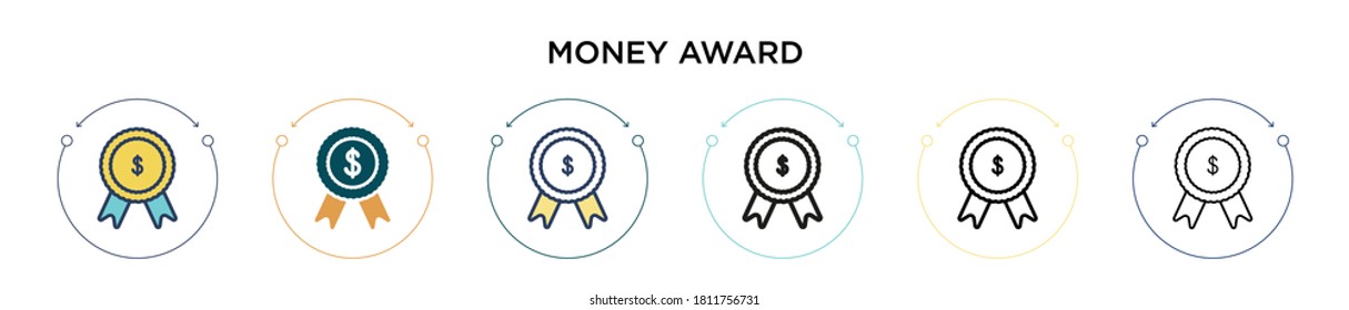 Money award icon in filled, thin line, outline and stroke style. Vector illustration of two colored and black money award vector icons designs can be used for mobile, ui, web