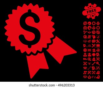 Money Award pictograph with bonus tools clip art. Vector illustration style is flat iconic symbols, red color, black background.