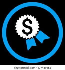 Money Award rounded icon. Vector illustration style is flat iconic bicolor symbol, blue and white colors, black background.