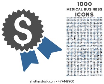 Money Award vector bicolor icon with 1000 medical business icons. Set style is flat pictograms, cobalt and gray colors, white background.