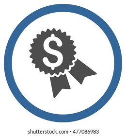 Money Award vector bicolor rounded icon. Image style is a flat icon symbol inside a circle, cobalt and gray colors, white background.