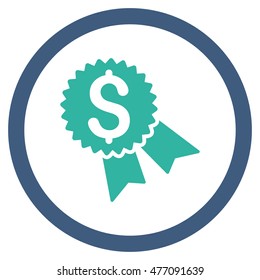 Money Award vector bicolor rounded icon. Image style is a flat icon symbol inside a circle, cobalt and cyan colors, white background.