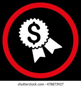 Money Award vector bicolor rounded icon. Image style is a flat icon symbol inside a circle, red and white colors, black background.